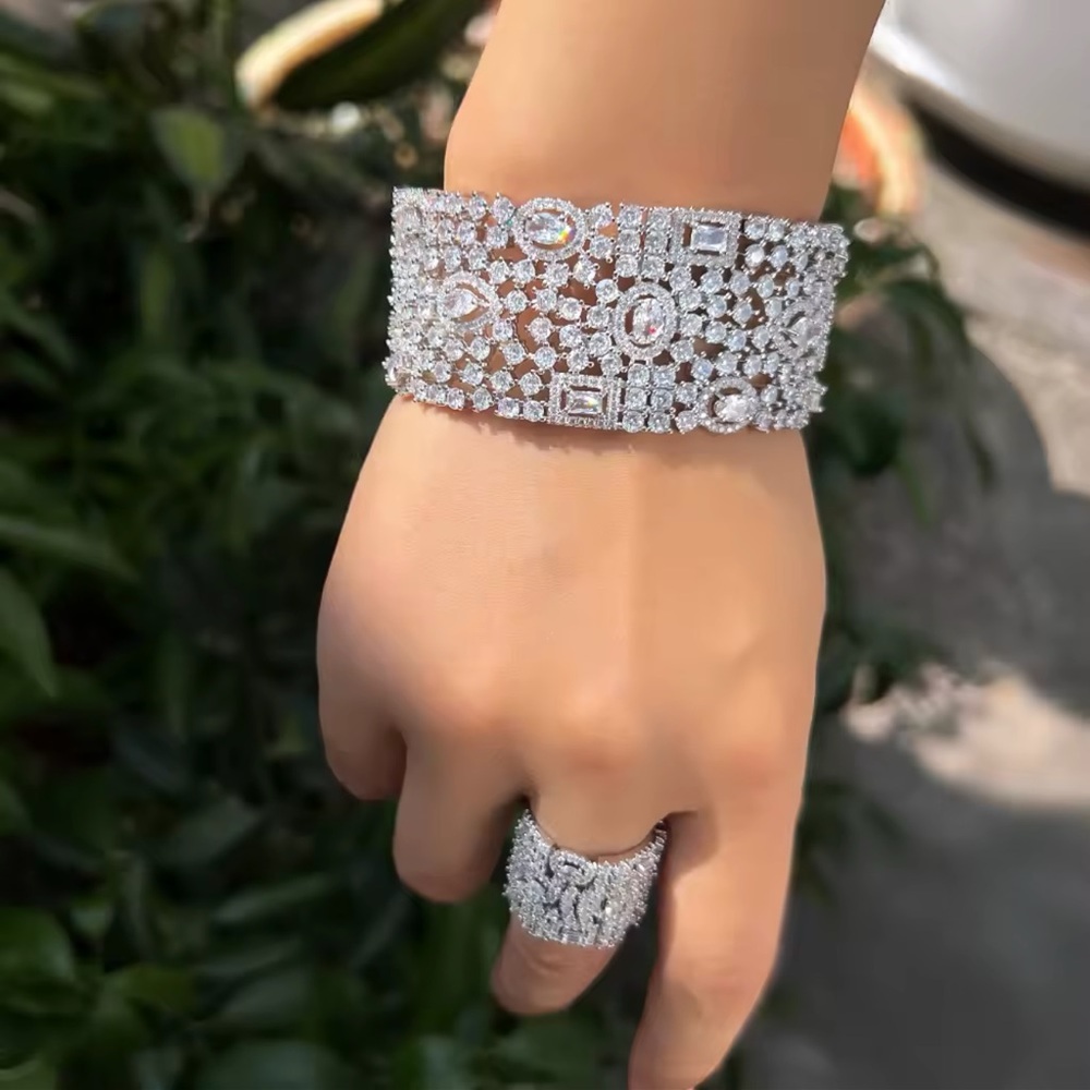 Luxury Cubic Zirconia Cuff Bracelet & Ring Set – Silver Tone - Picture 5 of 17